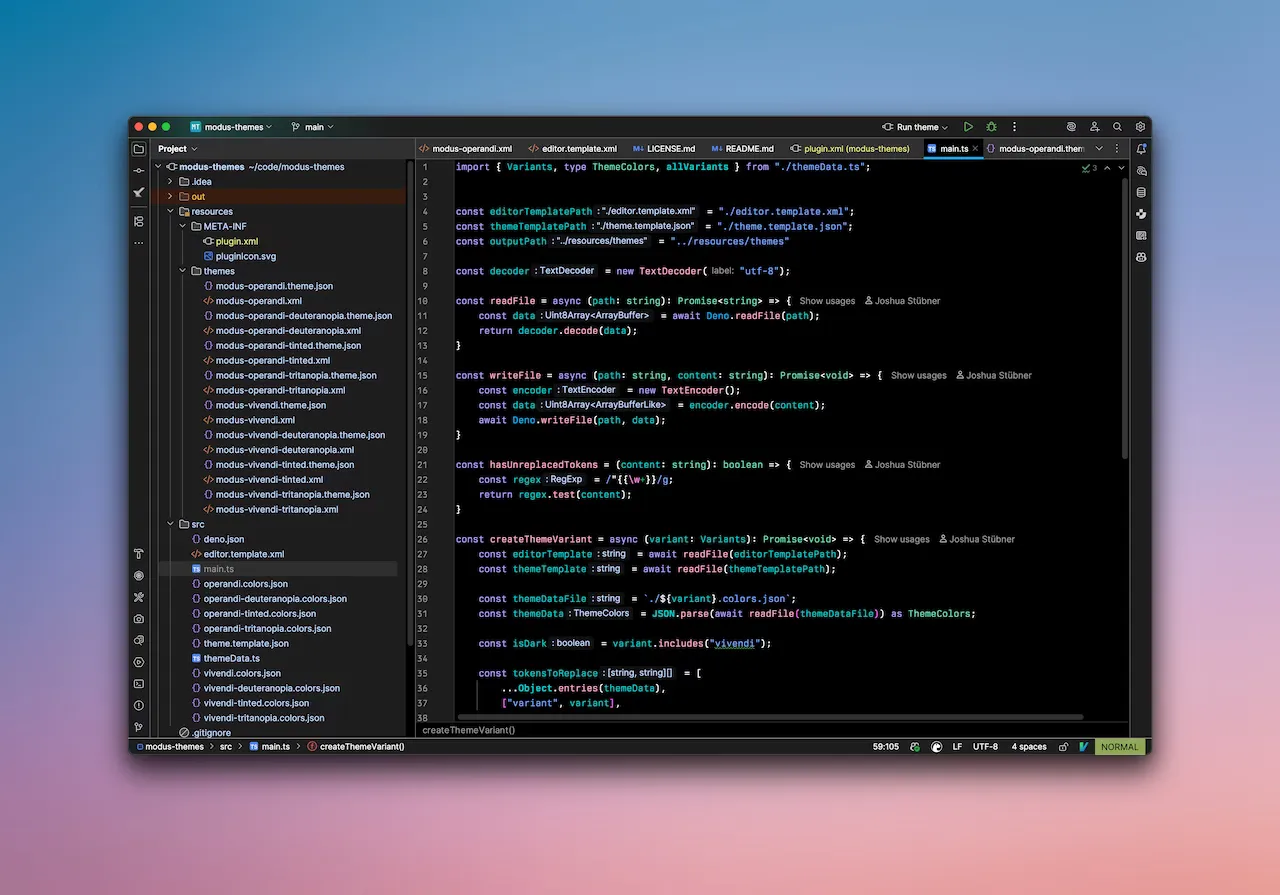Code screenshot using modus vivendi theme